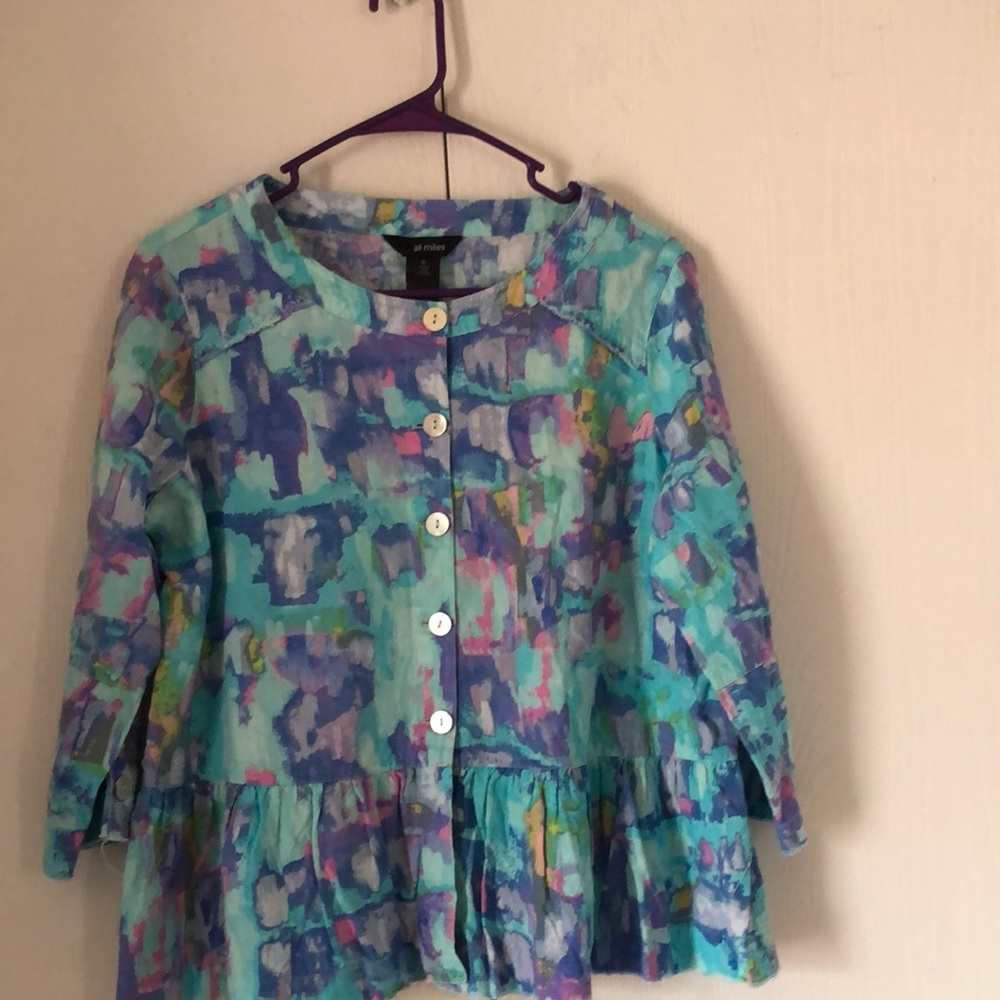 Woman’s Colorful spring Easter abstract linen Ali miles colorful Blouse